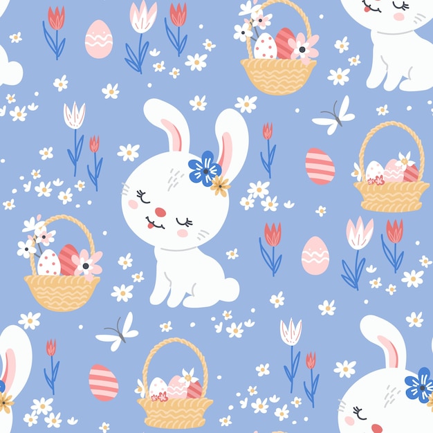 Весенний пасхальный фон с милыми кроликами для дизайна обоев и ткани. вектор