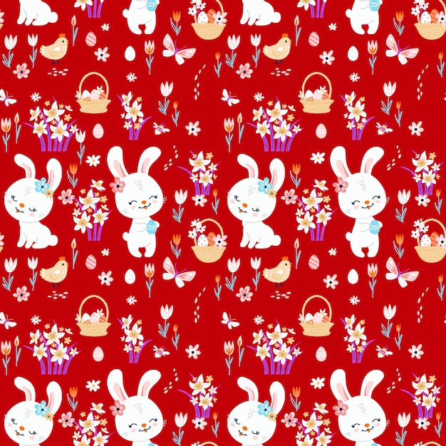 벽지 및 패브릭 디자인을 위한 귀여운 토끼가 있는 봄 부활절 배경. 벡터