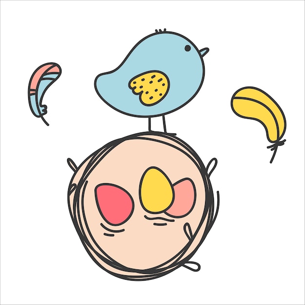 Вектор Весенняя пасхальная птица в гнезде с яйцами мультфильм