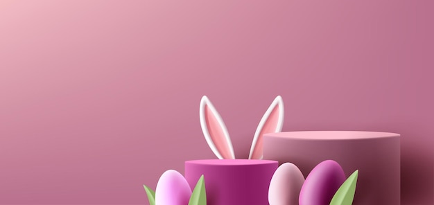 Spring Easter podium cylinder pedestal with eggs and bunny ears pink colors spring background