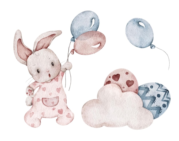 Spring Easter set of cute items cute hare fly with balloon eggs and cloud Watercolor illustration