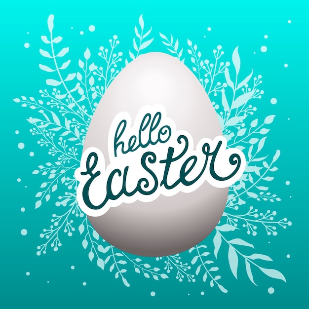 Spring egg with text hello easter and with white leaves and branches vector clipart for design