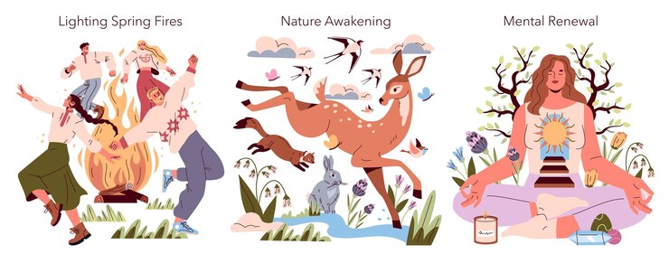 Vector spring equinox celebration features three themes joyful gatherings around a fire awakening nature