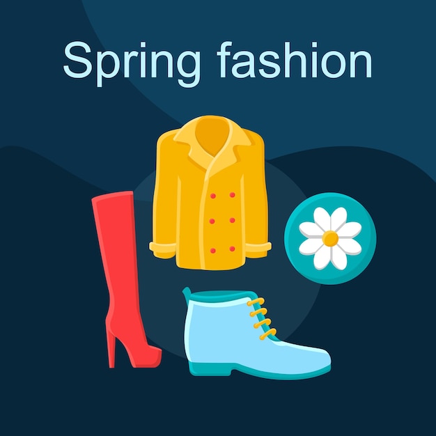 Vector spring fashion flat concept vector icon. shopping idea cartoon color illustrations set. clothing store. clothes and shoes. womens outfit. coat, boots, high heels. isolated graphic design element