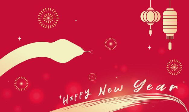 Vector spring festival background design gold snakes and lanterns fireworks