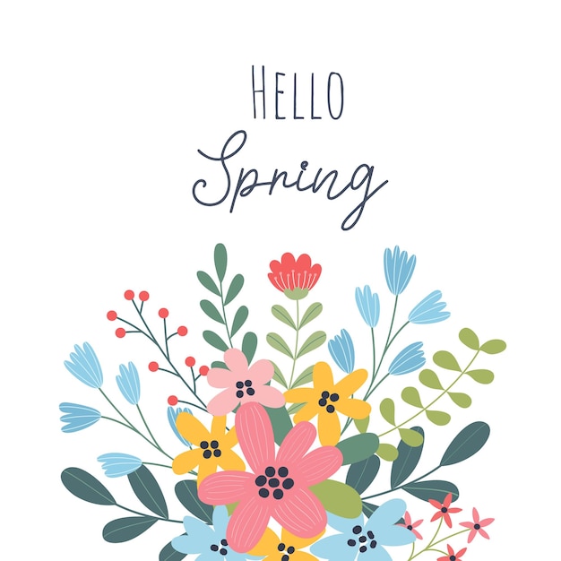 Vector spring floral background with flowers and leaves flat design vector illustration for greeting card