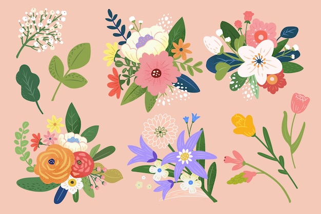 ベクトル 春の花束の要素セット