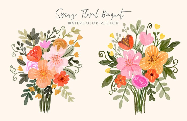 Spring Floral Bouquet Watercolor   Set