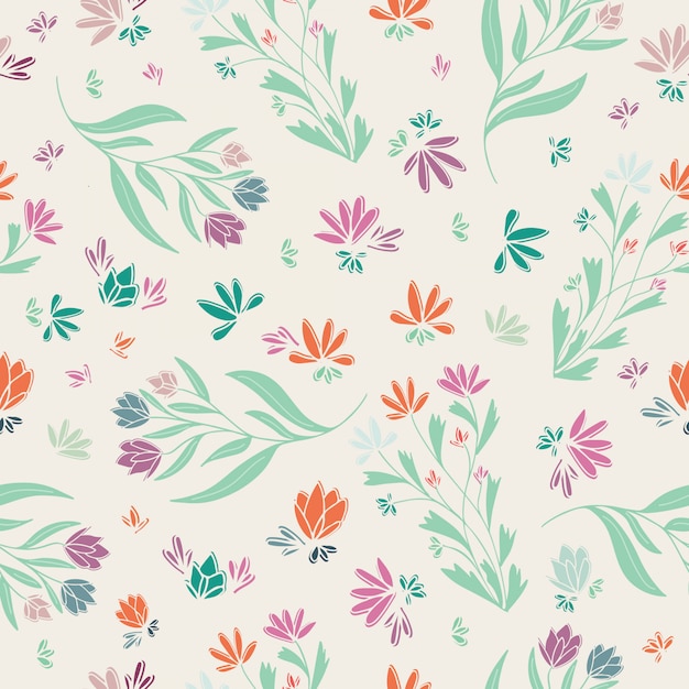 Spring floral multicolor seamless pattern pink green blue cream orange