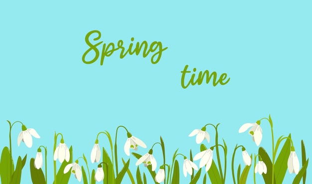 Вектор Весенний цветочный прямоугольный фон с подснежниками и цитатой весеннее время в плоском стиле