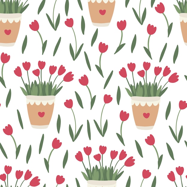 Spring floral seamless pattern Red tulip flowers in pots on white