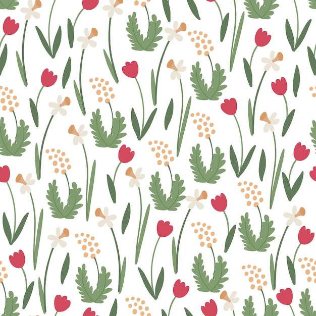 Vector spring floral seamless pattern tulip flowers daffodils australian acacia or mimosa and leaves