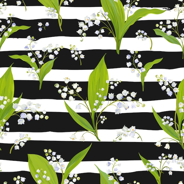 Весенний цветочный фон с цветами ландыша. весной цветущий фон для ткани, текстиля, декора, обоев. векторная иллюстрация