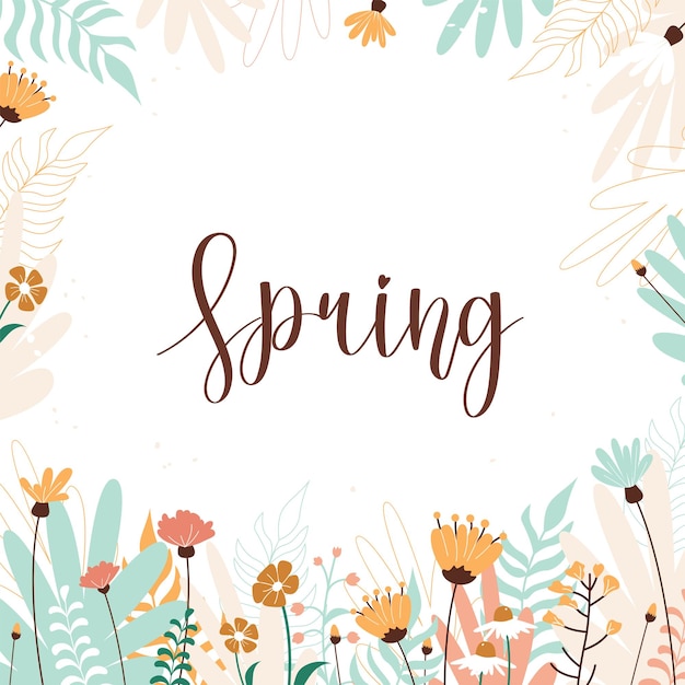 Spring Floral white vector banner with blue and pink flowers