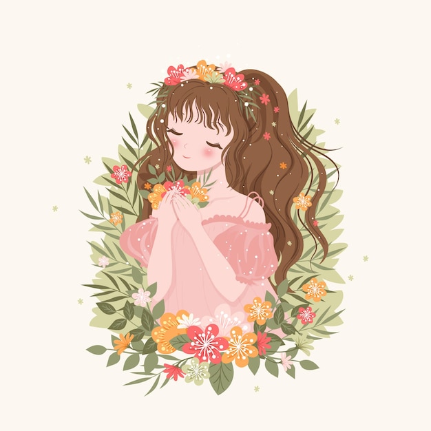 Vector spring floral woman portrait illustration