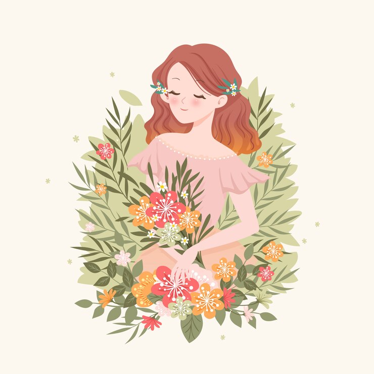 Vector 봄 꽃 여자 초상화 그림
