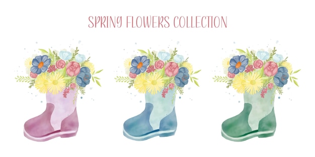 Spring flower decoration. Flowers in a boot. Woman's day greeting card design.