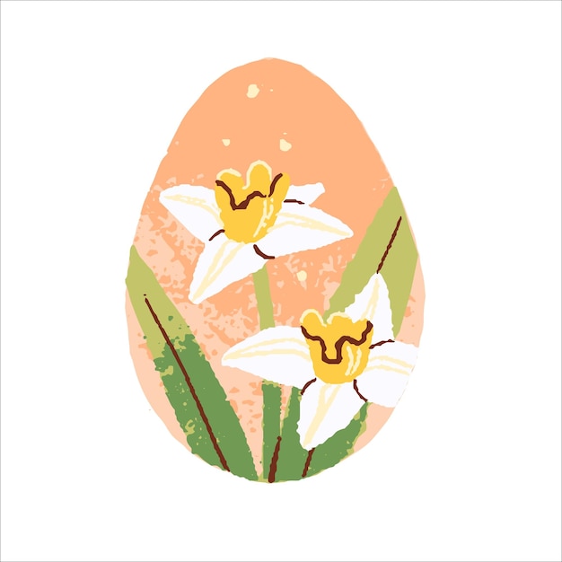 Spring flower eggshaped drawing for Easter Blooming daffodils Blossomed floral plant gentle delicate narcissus for religious holiday Flat vector illustration isolated on white background