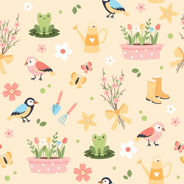 Spring flower pattern tulips birds and butterflies gardening tools Vector illustration cartoon style