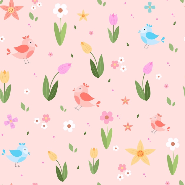 Spring flower pattern tulips cherry blossom and butterflies