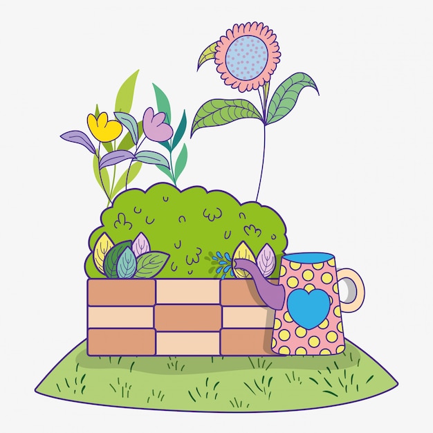 Spring flower plant with bush and watering can
