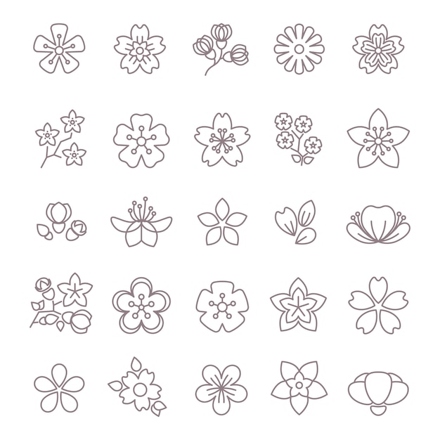 Spring flower thin line vector icons set