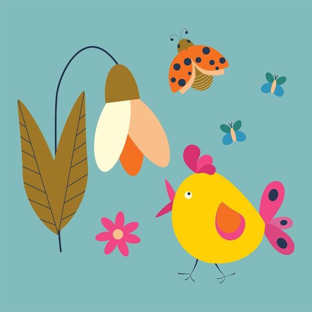 Vector spring flower with bird ladybug butterflies color vector illustration