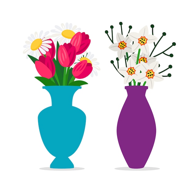 Spring flowers bouquets in vases   on white