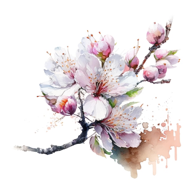 Весенние цветы вишневый цвет и падающие лепестки фон акварельная иллюстрация