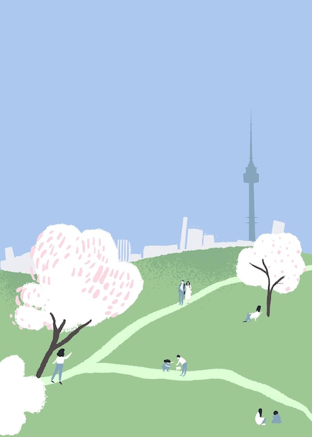 Spring flowers festival in Seoul Namsan tower during cherry blossom Tiny people on picnic walking couples taking photos in the park Vector cartoon illustration