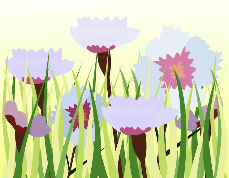 Vector spring flowers in the grass illustration of wildlife minimalism style with bright pastel colors