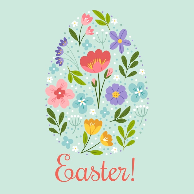 Вектор Весенние цветы на пасхальном яйцепасхальная открытка счастливой пасхи милая весенняя иллюстрация