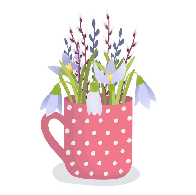 春の花はピンクのポルカドットカップで ⁇ 新鮮に ⁇ くクロクスとウィロウの季節的な花の装飾