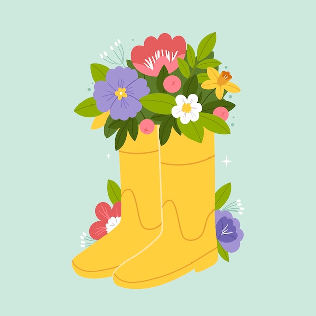 Spring flowers in rubber yellow boots spring pastel composition postcard