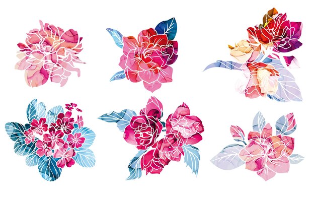 Vector spring flowers set with alcohol ink texture on background hand drawn vector watercolor illustration