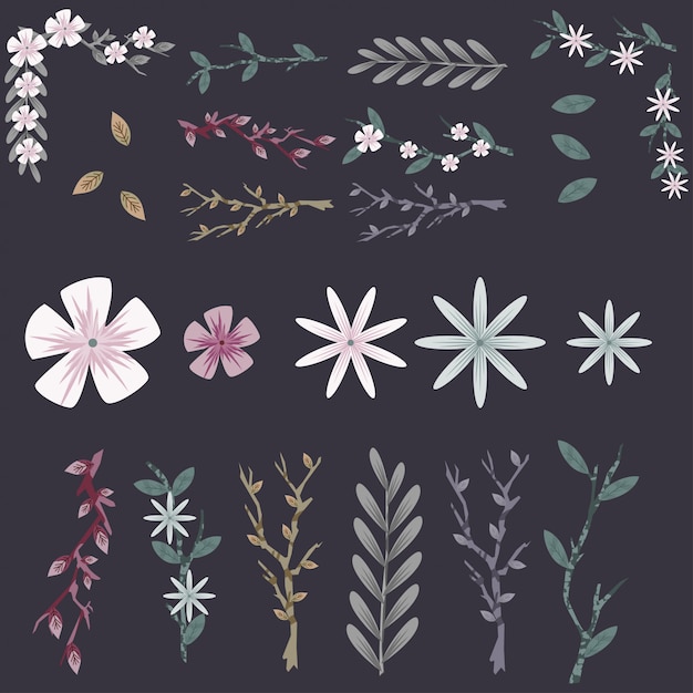 Vector spring flowers, tree branches and leaves vector set for design isolated