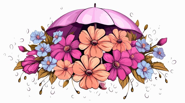 Vector spring flowers umbrella outline white background