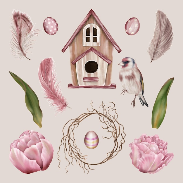 Spring Flowers With Bird House