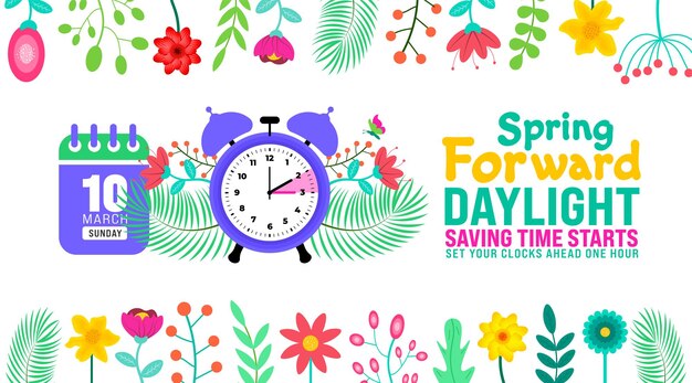 Vector spring forward concept 2024 banner daylight saving time starts background with cartoon doodle style