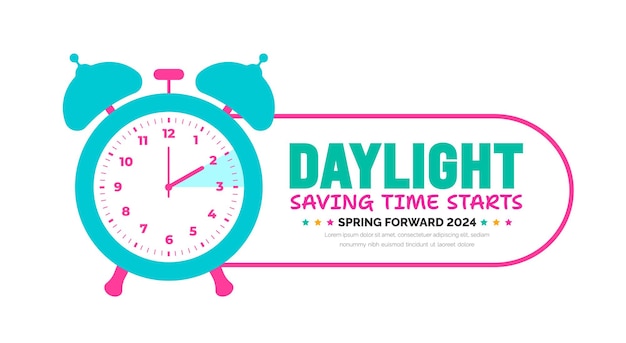 Spring Forward concept 2024 banner Daylight Saving Time Starts background with cartoon doodle style