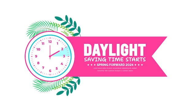 Vettore spring forward concept 2024 banner daylight saving time inizia sullo sfondo con lo stile di doodle dei cartoni animati