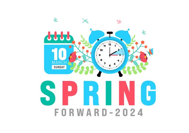 Spring Forward concept 2024 banner Daylight Saving Time Starts background with cartoon doodle style