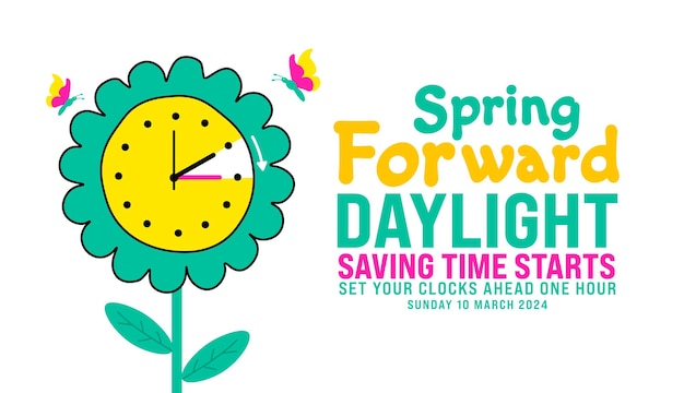 Vector spring forward concept 2024 banner daylight saving time starts background with cartoon doodle style