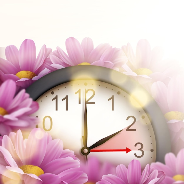 스프링 포워드 (Spring Forward) 는 현실적인 3D 시계와 분홍색 크리산테무스 꽃이 그려진 날씨 보존 시간 배너입니다.