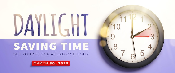 Vector spring forward daylight saving time banner with realistic black 3d wall clock and bright sun rays