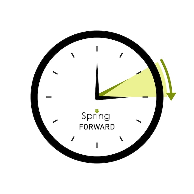 Spring forward daylight saving time summer time alarm clock with green arrow vector element