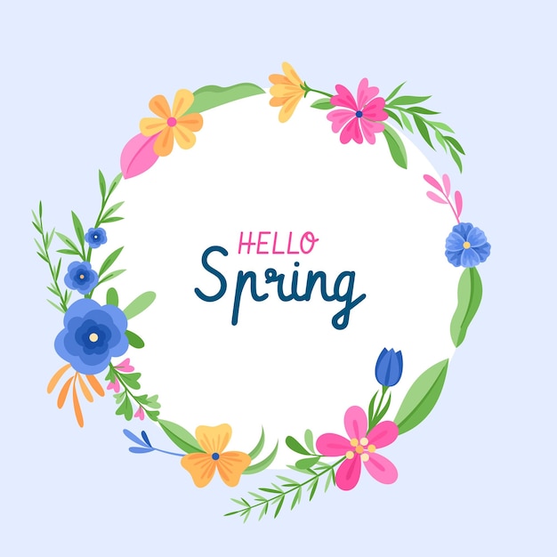 Spring frame of colorful flowers and plants with greeting