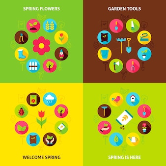 Insieme di concetti del giardino di primavera. illustrazione vettoriale di cerchio infografica natura con icone piane.