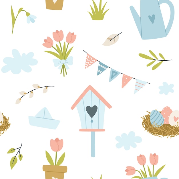 Spring garden doodle pattern Seamless springtime vector print for fabric textile apparel paper