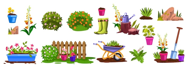 Spring garden equipment nature elements set with bloom bushes, flowerpots, fence, seedling, stone.